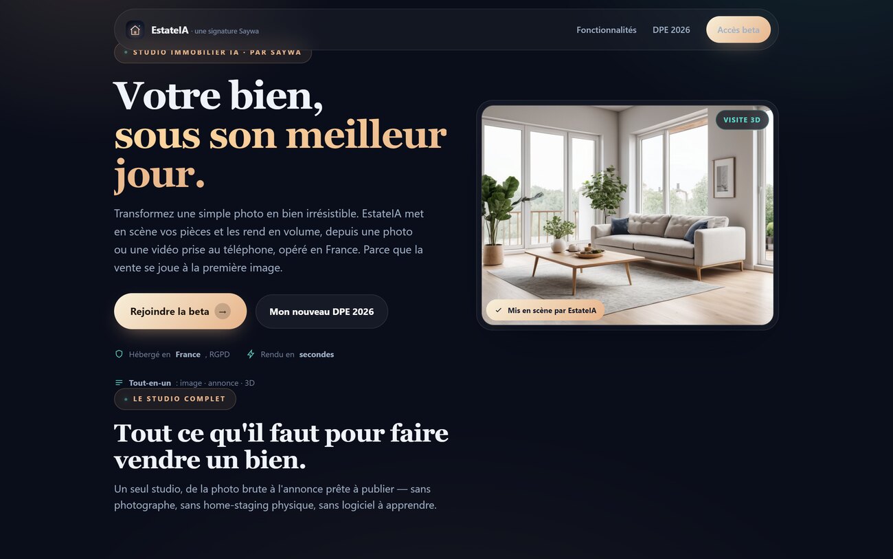 Capture réelle d'EstateIA : mise en scène immobilière par IA