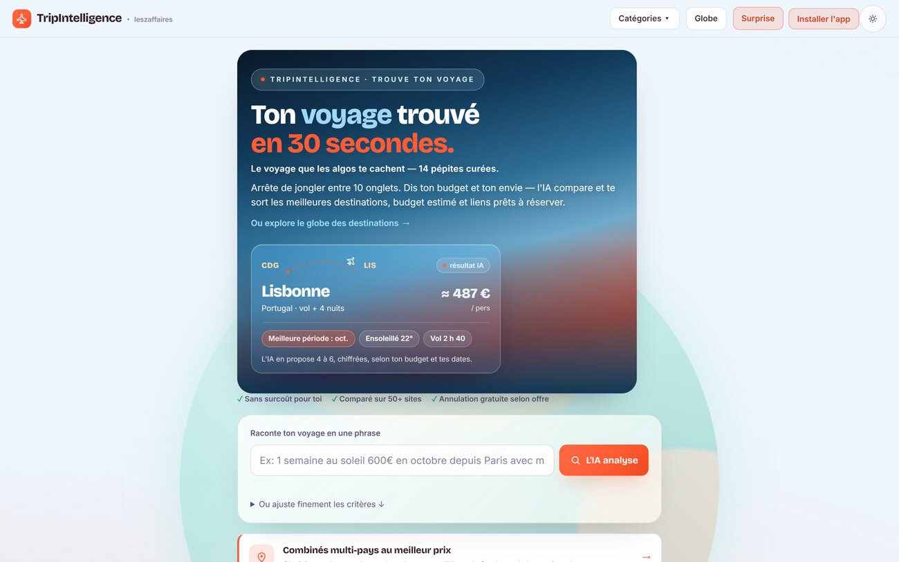 Capture réelle de TripIntelligence : voyage trouvé par IA